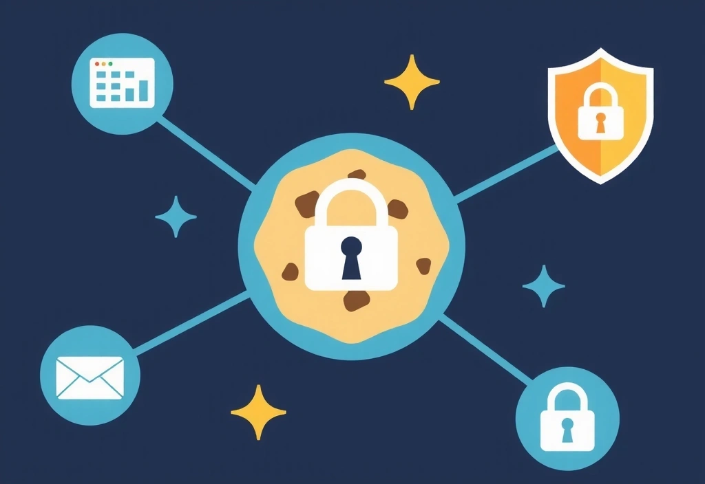 Illustration d'un cookie numérique avec des icônes de confidentialité et de sécurité