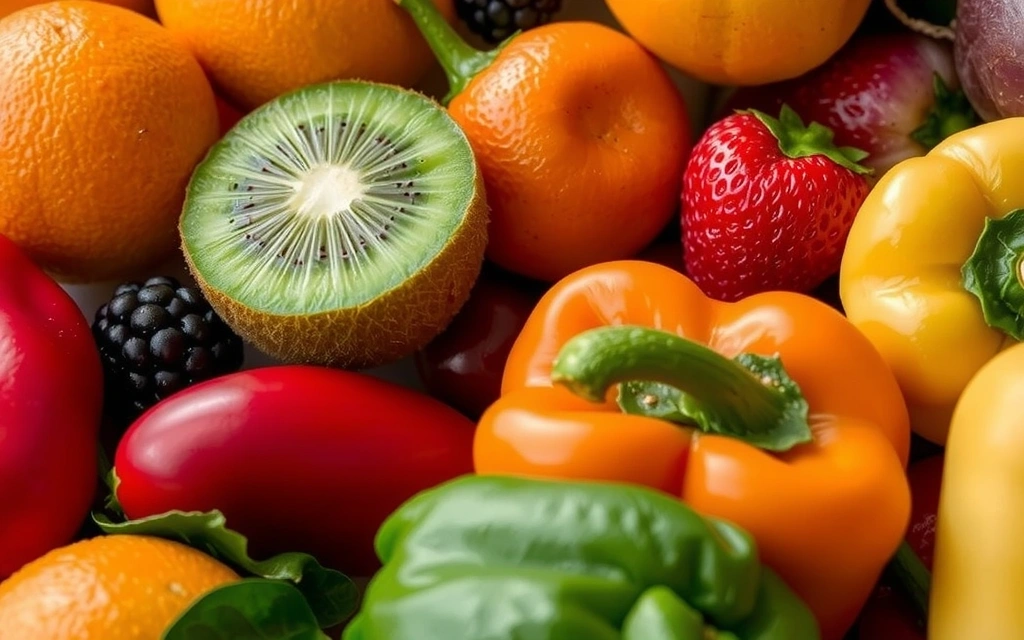 Gros plan sur une variété de fruits et légumes colorés, riches en vitamines